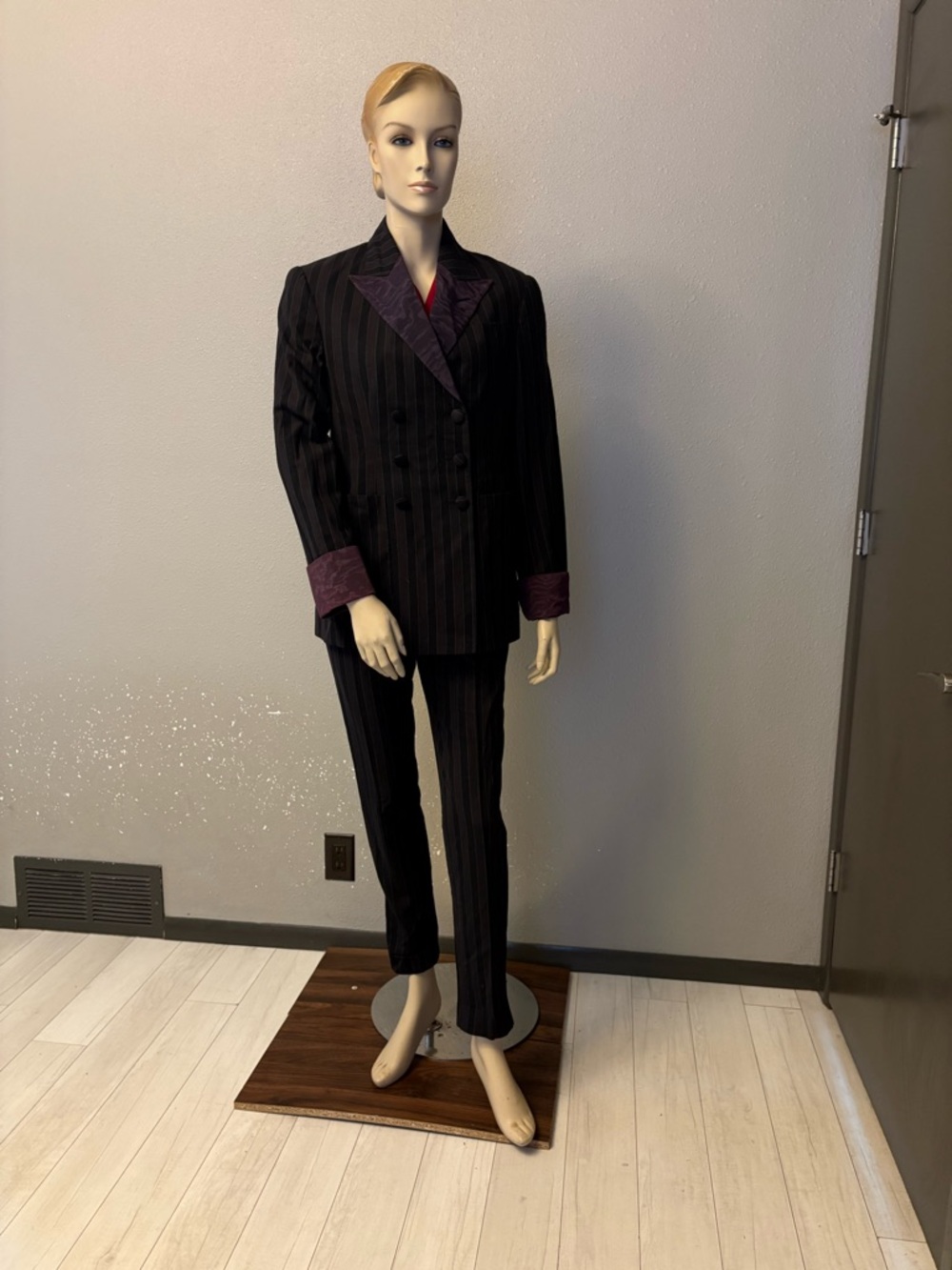 Black Pinstripe Three-Piece Suit with Purple Trim